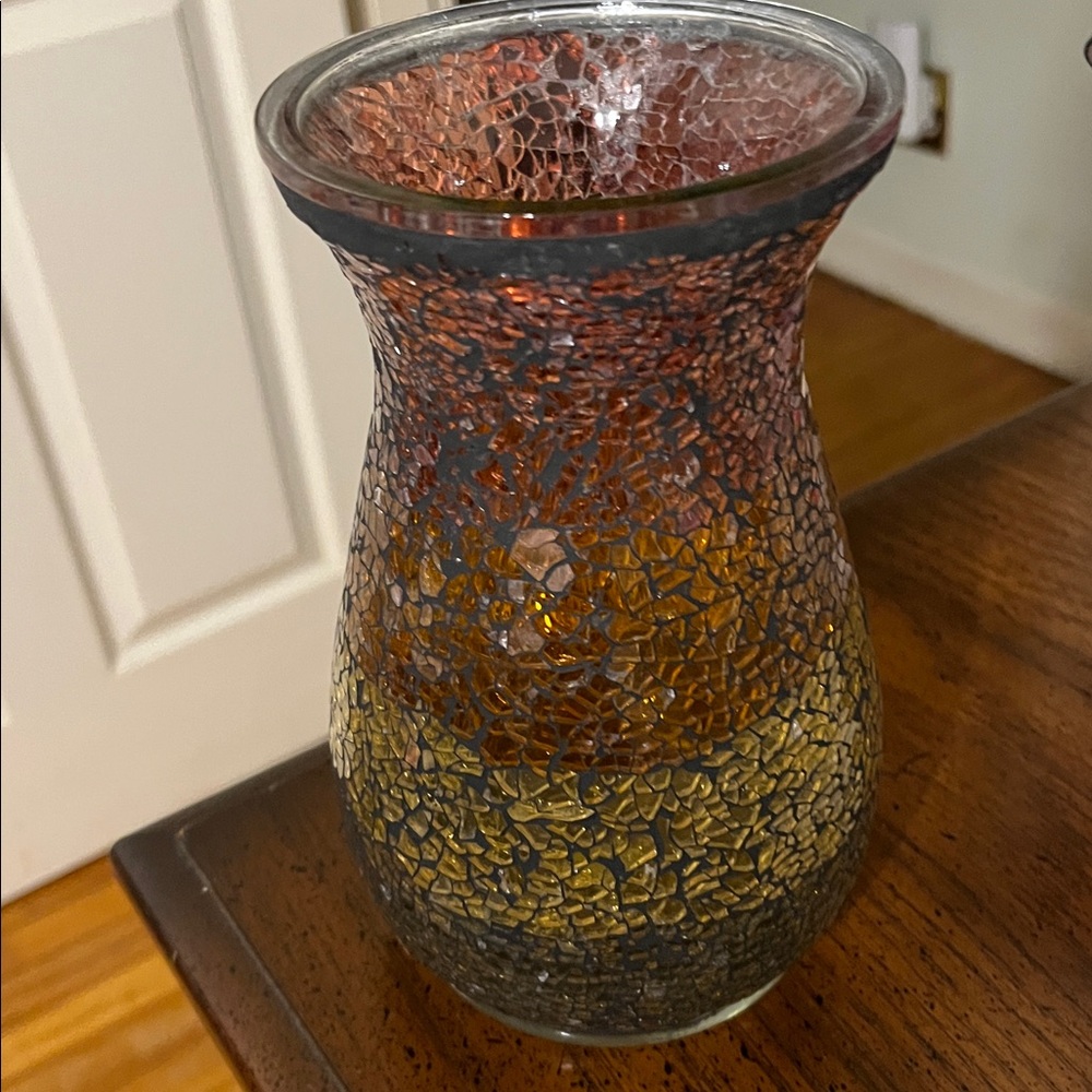 PartyLite 8” Mosaic Glass Vase - Copper, Amber And Black Glass.